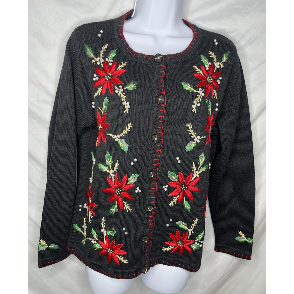 Victoria Jones Holiday Cardigan Sweater Ramie Blend Poinsettia Embroidery Size S